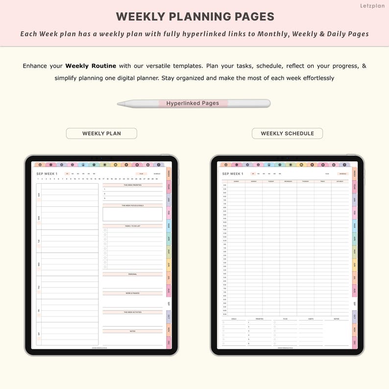May include: Digital weekly planning pages displayed on two tablets. The left tablet shows a weekly plan layout with sections for tasks and notes. The right tablet displays a weekly schedule. The text "Weekly Planning Pages" is at the top.