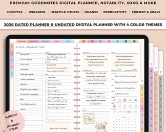 May include: A digital planner on a tablet, featuring a dated and undated format with four color themes. The planner includes sections for lifestyle, wellness, health, finance, and productivity. It has 800+ pages, 500+ planners, 30+ covers, and 1200+ stickers.