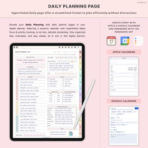 K&ouml;nnte beinhalten: Ein Tablet zeigt eine t&auml;gliche Planungsseite mit einem wei&szlig;en Stift. Der Planer zeigt To-Do-Listen, einen Kalender und den Text "Daily Planning Page". Das Bild zeigt auch die Integration von Apple- und Google-Kalendern.
