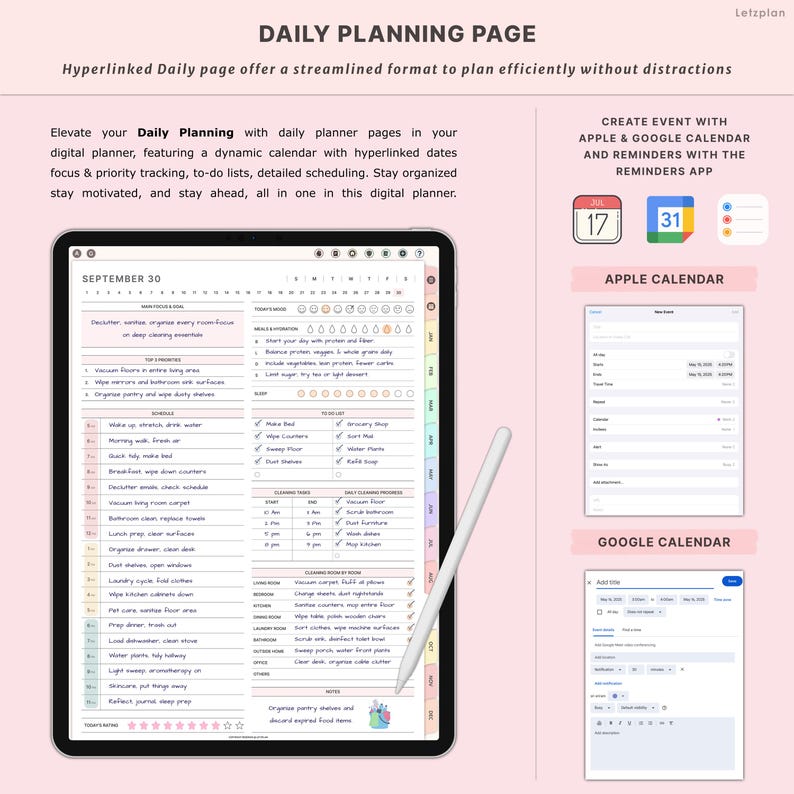 K&ouml;nnte beinhalten: Ein Tablet zeigt eine t&auml;gliche Planungsseite mit einem wei&szlig;en Stift. Der Planer zeigt To-Do-Listen, einen Kalender und den Text "Daily Planning Page". Das Bild zeigt auch die Integration von Apple- und Google-Kalendern.