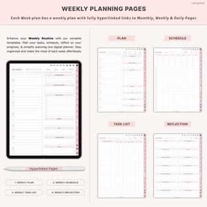 May include: Digital weekly planner with pink accents, featuring sections for planning, scheduling, task lists, and reflection. Includes a tablet, stylus, and the text "Weekly Planning Pages". The planner is designed to enhance your weekly routine.