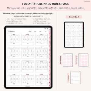 Pode incluir: Um calend&aacute;rio digital exibido em um tablet, com um design rosa e branco. O calend&aacute;rio mostra layouts mensais para o ano, com p&aacute;ginas adicionais para vis&atilde;o geral do ano, datas-chave e metas. Texto: "FULLY HYPERLINKED INDEX PAGE" e "CALENDAR".