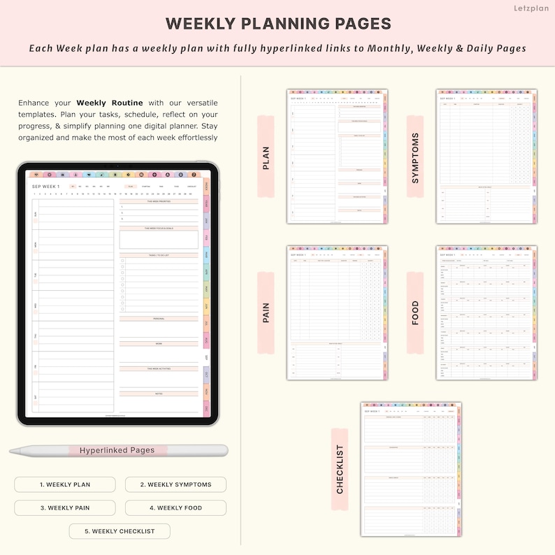 Puede incluir: P&aacute;ginas de planificador semanal digital con una tableta que muestra un dise&ntilde;o de plan. La imagen incluye un l&aacute;piz &oacute;ptico y p&aacute;ginas para s&iacute;ntomas, dolor, comida y listas de verificaci&oacute;n. El texto dice "Weekly Planning Pages."