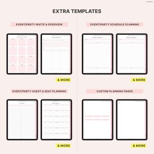 May include: Digital planner templates displayed on black tablets. The templates include event/party invites, schedules, guest seating, and custom planning pages. The text "EXTRA TEMPLATES" and "& MORE" are also visible. The pages have a pink and white color scheme.