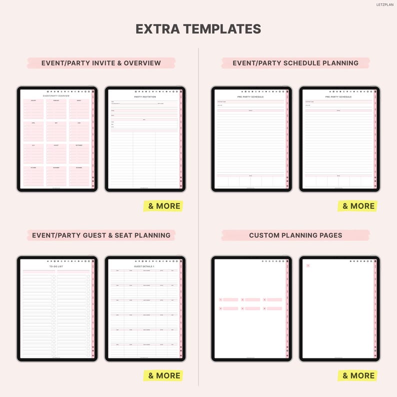 May include: Digital planner templates displayed on black tablets. The templates include event/party invites, schedules, guest seating, and custom planning pages. The text "EXTRA TEMPLATES" and "& MORE" are also visible. The pages have a pink and white color scheme.