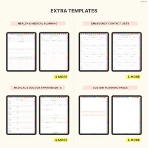 Puede incluir: Plantillas de planificador digital que se muestran en tabletas. La imagen muestra plantillas para la salud, listas de contactos m&eacute;dicos y de emergencia. Las plantillas adicionales incluyen citas m&eacute;dicas y p&aacute;ginas de planificaci&oacute;n personalizadas. El texto "EXTRA TEMPLATES" est&aacute; en la parte superior.