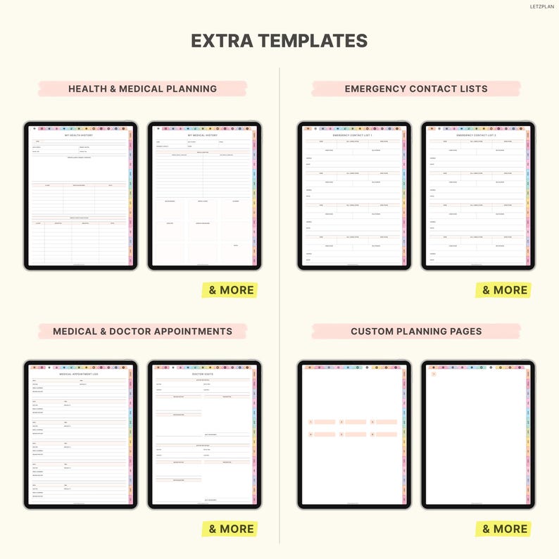 Puede incluir: Plantillas de planificador digital que se muestran en tabletas. La imagen muestra plantillas para la salud, listas de contactos m&eacute;dicos y de emergencia. Las plantillas adicionales incluyen citas m&eacute;dicas y p&aacute;ginas de planificaci&oacute;n personalizadas. El texto "EXTRA TEMPLATES" est&aacute; en la parte superior.