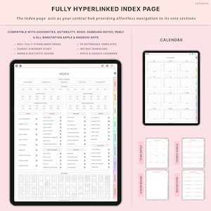 May include: Digital planner with a fully hyperlinked index page, calendar, and notebook templates. The image shows a tablet displaying the index, calendar, and other planning pages. Text includes "Fully Hyperlinked Index Page" and "Instant Download."