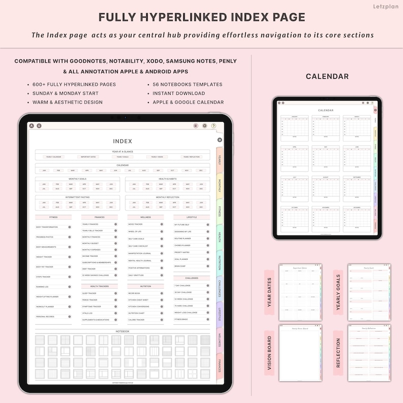 May include: Digital planner with a fully hyperlinked index page, calendar, and notebook templates. The image shows a tablet displaying the index, calendar, and other planning pages. Text includes "Fully Hyperlinked Index Page" and "Instant Download."