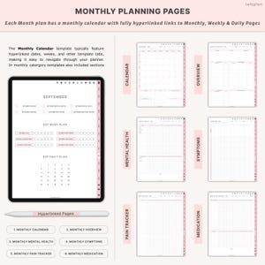 Pu&ograve; includere: Planner digitale con pagine di pianificazione mensili. L'immagine mostra un tablet che mostra un calendario mensile, un piano settimanale e un piano giornaliero. Pagine aggiuntive includono salute mentale, sintomi, rilevamento del dolore e sezioni di farmaci.