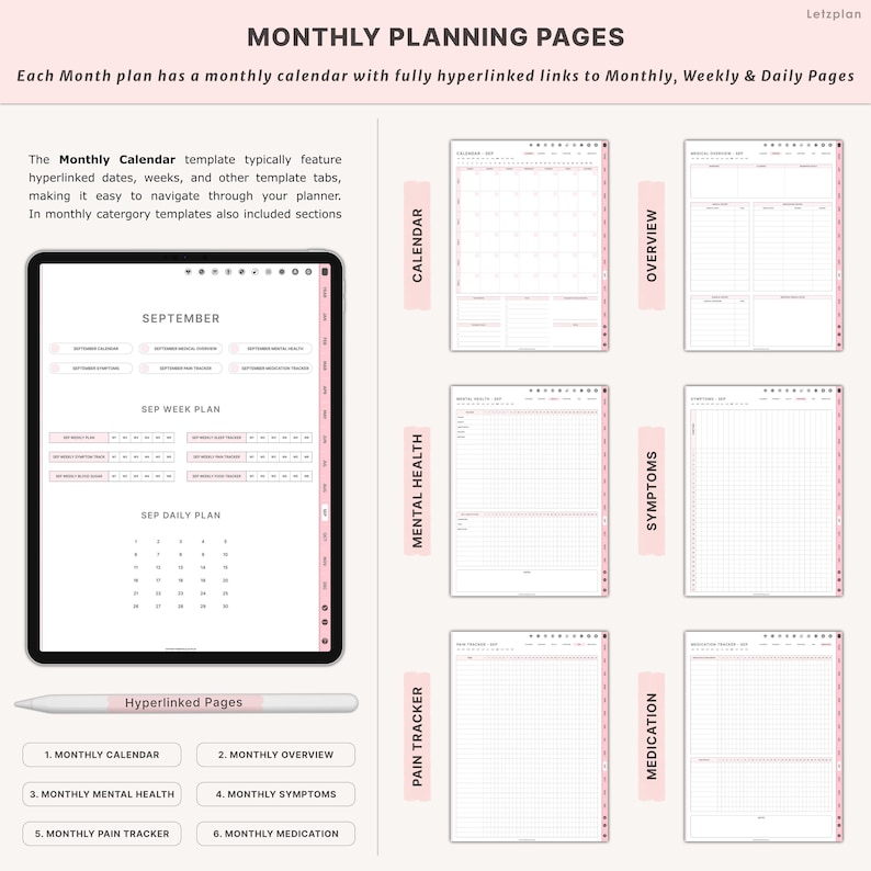 Pu&ograve; includere: Planner digitale con pagine di pianificazione mensili. L'immagine mostra un tablet che mostra un calendario mensile, un piano settimanale e un piano giornaliero. Pagine aggiuntive includono salute mentale, sintomi, rilevamento del dolore e sezioni di farmaci.