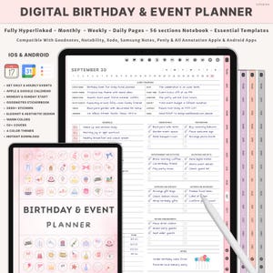 May include: Digital birthday and event planner on a tablet, with a smaller tablet showing the planner's cover. The planner includes daily, weekly, and monthly pages, stickers, and color themes. The text "Birthday & Event Planner" is visible.