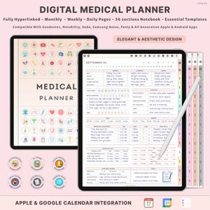 Puede incluir: Dos planificadores médicos digitales en tabletas con un lápiz óptico. Las pantallas muestran un diseño de planificador diario con secciones para medicamentos, actividad física y estado de ánimo. El texto dice "Digital Medical Planner" y "Elegant & Aesthetic Design".