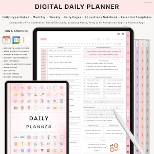 Puede incluir: Un planificador diario digital que se muestra en dos tabletas, una con un lápiz óptico. El planificador presenta una estética rosa y blanca, con secciones para la planificación diaria, semanal y mensual. El texto incluye "Daily Planner".