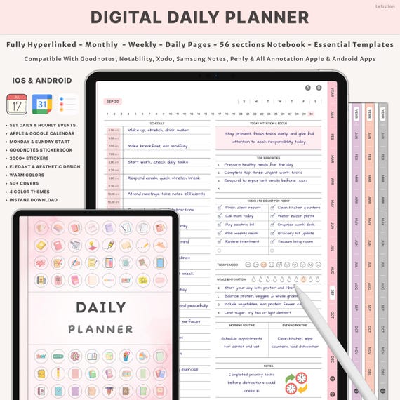 Digital Daily Planner for iPad GoodNotes Notability Noteshelf | Hyperlinked To Do List Daily Schedule Template | Minimalist Digital Journal