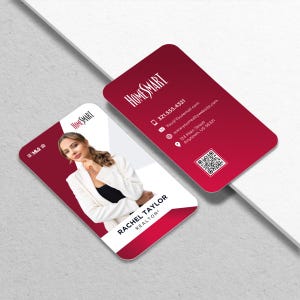 May include: Two business cards with rounded corners. One card features a photo of a woman in a white blazer, the text "RACHEL TAYLOR REALTOR", and the HomeSmart logo. The other card is red with contact information and a QR code.