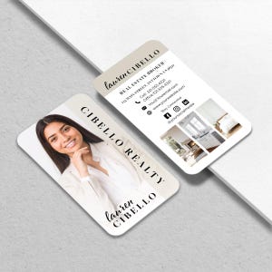 May include: Two business cards with rounded corners. One card features a photo of a smiling woman and the text "Cibello Realty" and "Lauren Cibello." The other card displays contact information, including a website and social media handles.