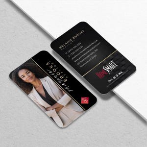 May include: Two business cards with rounded corners. One card features a photo of a woman and the name "Melanie Brooks, Realtor." The other card has contact information and the "Home Smart" logo.