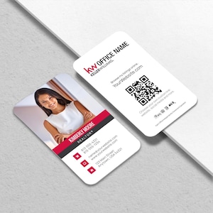 May include: Two white business cards with rounded corners. One card features a photo of a woman and the name "Kimberly Moore, Realtor." The other card displays a QR code and the text "Browse my listings online YourWebsite.com."