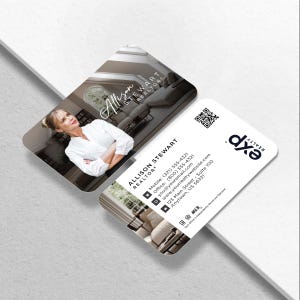 May include: Two business cards with rounded corners. One card features a photo of a woman and the text "Allison Stewart, Realtor." The other card displays contact information, a QR code, and the "eXp Realty" logo.