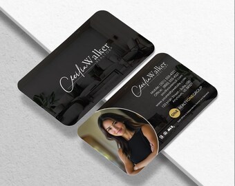 May include: Two black business cards with rounded corners. One card features the name "Cecilia Walker" in elegant script. The other card includes a photo of a woman and contact information, including a phone number and website.