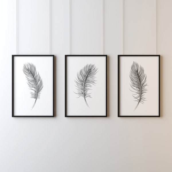 Set of 3 Grey Feather Wall Art Prints, Feather Wall Art, Wall Prints for Home, Dark Grey Wall Art Print, Feathers, Dark Grey Feather Prints