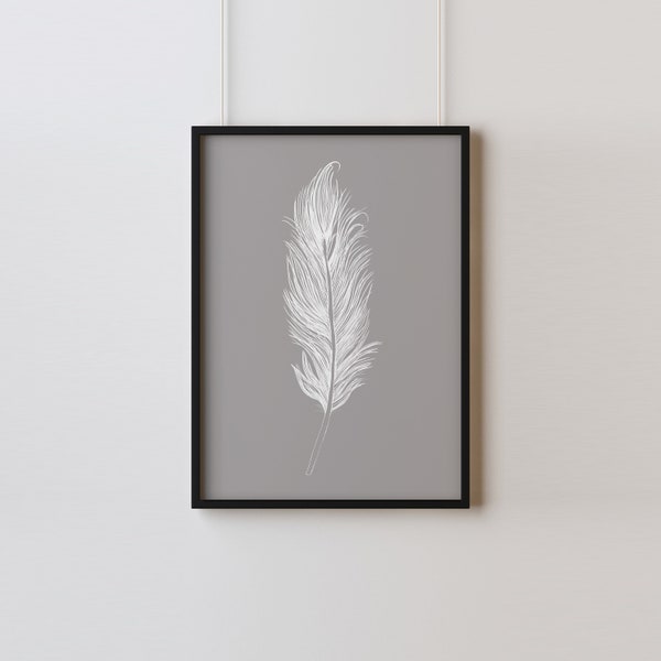 White Feather Wall Art, White Art Print, Living Room Decor, Original Illustration Art, Wall Print for Home, Feather Art Print