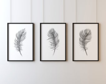Set of 3 Grey Feather Wall Art Prints, Feather Wall Art, Wall Prints for Home, Grey Wall Art Print, Feathers, Dark Grey Feather Prints