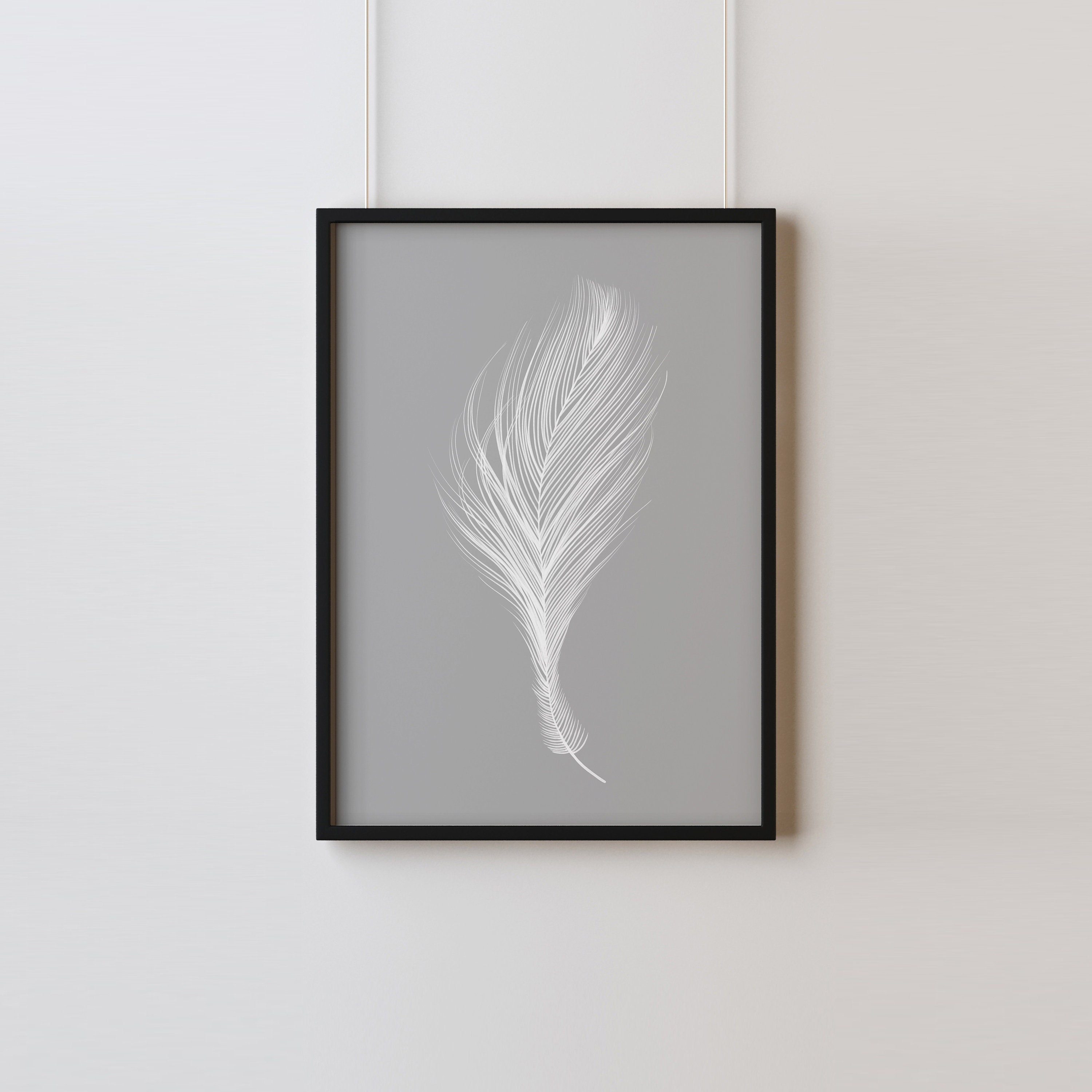 White Feather Wall Art, White and Grey Art Print, White Feather Print