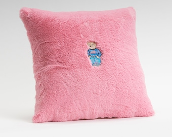 Funda de almohada de piel sintética rosa: Cojín de oso bordado