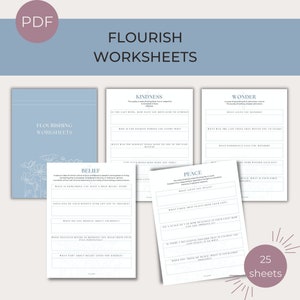 Hojas de trabajo de Flourish y tarjetas de ayuda para llevar un diario para herramientas de autocuidado, motivación y reflexión