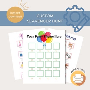 Op de afbeelding: Printbaar speurtocht spel met een aanpasbaar thema. Het spel heeft een raster met vakjes met vinkjes en een ruimte om een feestthema in te vullen. De afbeelding toont ook voorbeelden van het spel met verschillende thema's, waaronder een prinsessen thema, een Paw Patrol thema en een generiek verjaardags thema.