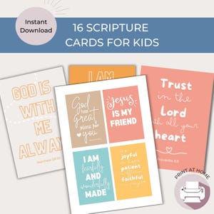 May include: Printable cards with colourful backgrounds and white text featuring bible verses for kids. The cards include verses like "God is with me always", "Jesus is my friend", and "Trust in the Lord with all your heart".