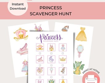 May include: Printable princess scavenger hunt game with a checklist of items to find, including a carriage, castle, dress, crown, unicorn, dragon, and more. The game is designed to be printed at home.