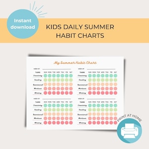 Printable Summer Habit Chart for Kids | Weekly & Monthly  | Training Chart | Reward Chart