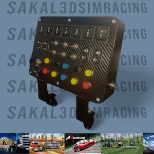 May include: A black gaming controller with a carbon fiber texture, featuring multiple buttons, switches, and levers. The controller has a key and is mounted on a black bracket. The background is a light blue with the text "SAKAL3DSIMRACING".