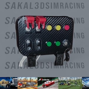 May include: Black control panel with red toggles, yellow and red buttons, and green buttons. The panel has a carbon fiber texture and includes the text "SAKAL 3DSIMRACING". The panel also has a key and two window control buttons.