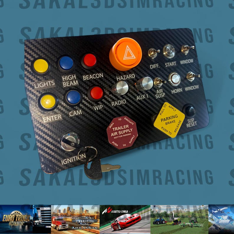 May include: A black carbon fiber control panel with various buttons, switches, and a key. The panel includes buttons labeled "LIGHTS," "HIGH BEAM," "BEACON," and "HAZARD." It also has a large orange hazard button and a "PARKING BRAKE" label.