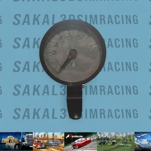 Puede incluir: Un medidor analógico negro con una esfera circular y una aguja que apunta al número 3. El medidor tiene un soporte negro y está sobre un fondo azul claro con el texto "SAKAL 3DSIMRACING".