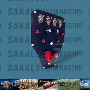 May include: A black control panel with multiple toggle switches, red buttons, and knobs. The panel has a carbon fiber texture and the text "ENGINE START" is visible. The background has the text "SAKALSIMRACING".