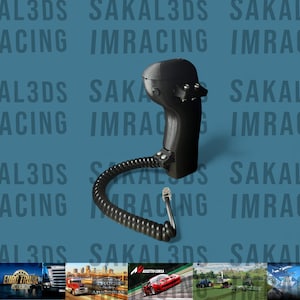 Peut inclure: Une manette de jeu noire avec un cordon spiralé et un connecteur. La manette a une poignée et plusieurs boutons. Le fond est de couleur sarcelle avec les mots "AL3DS SAKAL3DS SAKA ACING IMRACING IMRAC" répétés.