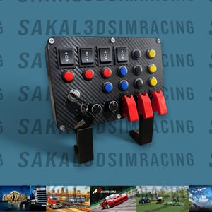May include: A black and carbon fiber sim racing control panel with various buttons, switches, and levers. It features red, blue, and yellow buttons, toggle switches, and red levers. The panel includes a key and is designed for sim racing.