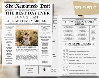 Puede incluir: Un anuncio de boda en formato periódico, "The Newlywed Post", con el titular "The Best Day Ever". Presenta los nombres de Emma y Liam, detalles de la boda y una foto de la pareja. Incluye juegos de boda.