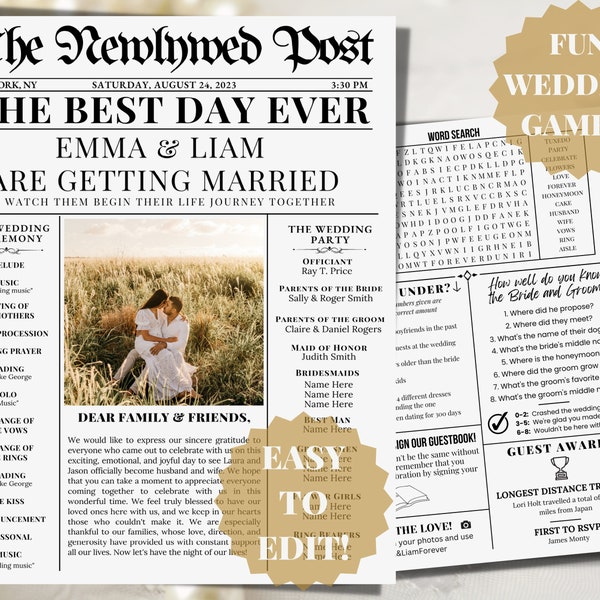 Newspaper Wedding Program, Fully Editable, Unique Wedding Infographic Program, Fun Wedding Word Search, Itinerary Download, Canva Template