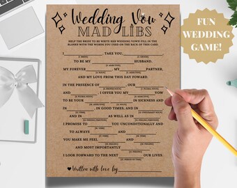 Hochzeitsparty-Spiele Mad Lib, Brautparty oder Hochzeitsfeier, Ehegelübde, druckbares lustiges Spiel, rustikales Kraftpapier, Schwarz-Weiß, Download