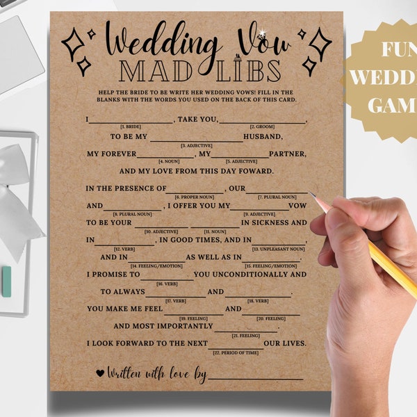 Wedding Shower Games Mad Lib, Bridal Shower or Wedding Party, Wedding Vows, Printable Funny Game, Rustic Kraft, Black White, Download