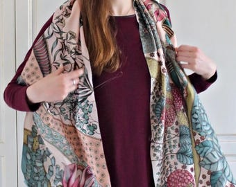 Hand Painted Silk Scarf in Pale Pink / Mint Gray. Luxury Long Silk Shawl botanical. Unique Nature Lover Gift for Her. FilkinaSilkArt