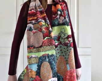 Landscape Hand-Painted Silk Scarf – Unique Long Shawl Stole, Luxury Nature Lover Gift