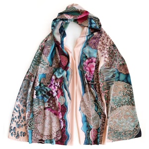 Hand-painted Silk Scarf, Pale Pink Blue Landscape, Lake and Trees, Mountains, Luxury Shawl, Mother&#39;s Day Gift. MADE to ORDER 70&quot; x 17&quot;
