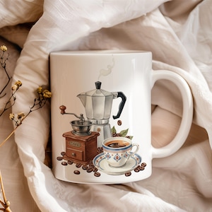 Cadeau amateur de café, tasse moulin à café vintage, art du pot Moka, tasse amateur d'expresso, décoration de cuisine aquarelle, cadeau barista